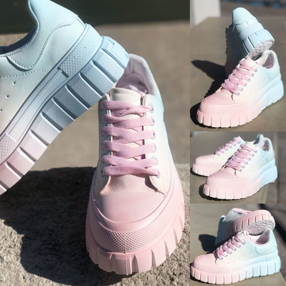 NEW Pastel Pink Blue Ombre Kawaii Cute Platform Low Top Laced Up Sneakers Shoes - Picture 12 of 12